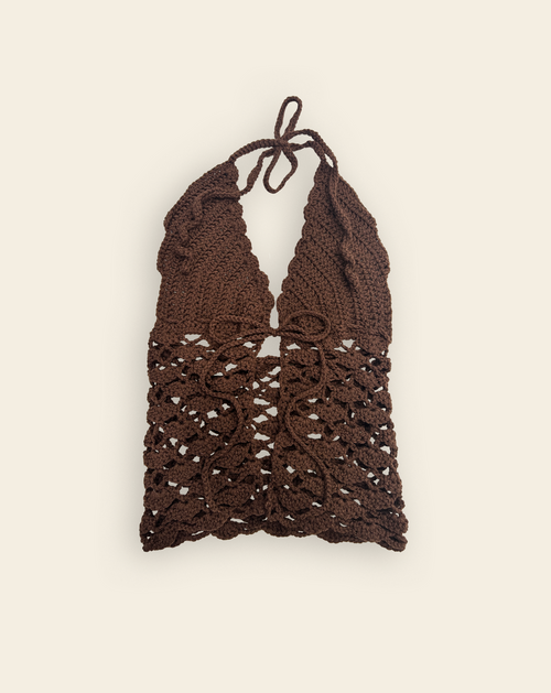Brown crochet halter top on a beige background